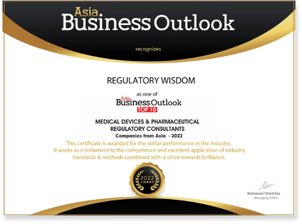 Asia Business Outlook certificate: Regulatory Wisdom, Top 10 Medical Devices & Pharmaceutical Regulatory Consultants, Companies from Asia 2022